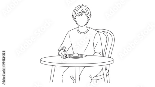 A line drawing of a person sitting at a table with a plate of food in front of them in a simple style