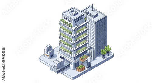 Isometric Urban Vertical Farm Illustration with Hydroponic Plant Systems and Sustainable Agriculture Concept