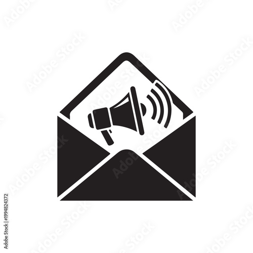 Black and white illustration of an open envelope with a megaphone inside, isolated on white background