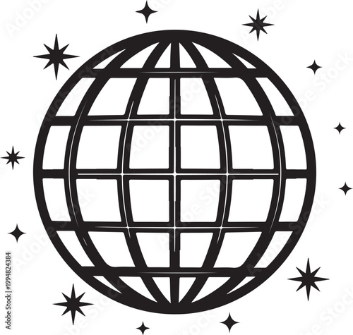 Black globe icon with starburst design elements on white background