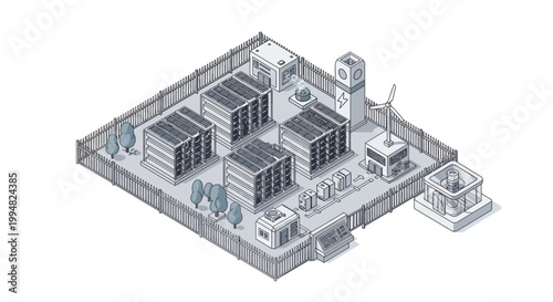 Isometric Renewable Energy Storage Facility and Smart Grid Infrastructure Illustration