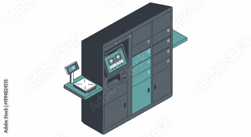 Isometric Automated Parcel Locker Station with Touchscreen Interface and Scales for Shipping and Delivery Services