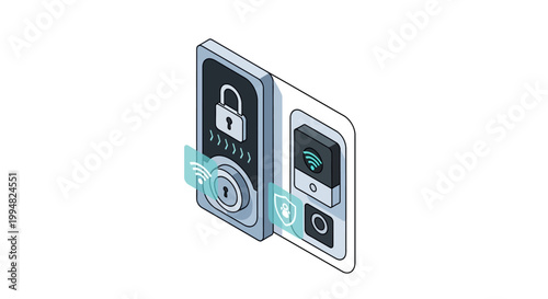Isometric 3D Illustration of a Smart Home Security System with Digital Door Lock and Wireless Doorbell Camera for Home Safety and IoT Protection