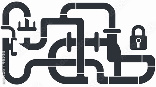 Abstract illustration of dark gray pipes, fittings and a padlock on a white background