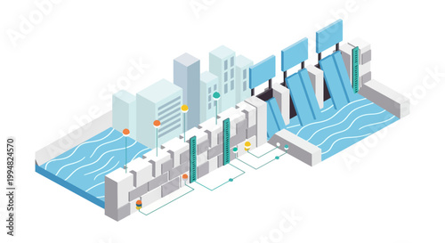 Isometric Smart City Flood Protection Infrastructure and Water Management System Illustration with Dam, Barriers, and Sensors for Urban Disaster Prevention