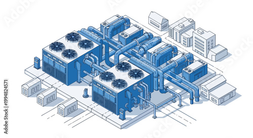 Isometric Industrial HVAC System Illustration with Cooling Towers and Pipeline Infrastructure for Commercial Buildings and Data Centers