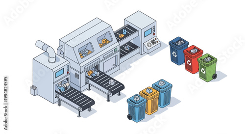 Isometric Automated Waste Management and Recycling Facility with Industrial Sorting Machinery and Color-Coded Bins