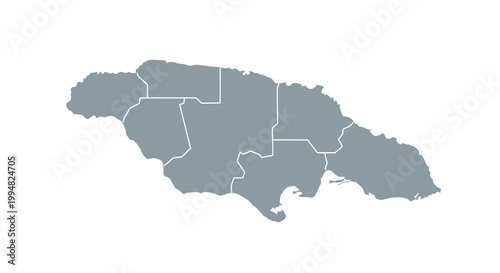 A simplified grayish blue map illustration depicts the island nation of Jamaica showcasing its distinct parishes high quality