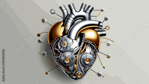 Mechanical heart design with gears and metal elements, futuristic style, metallic colors, decorative art
