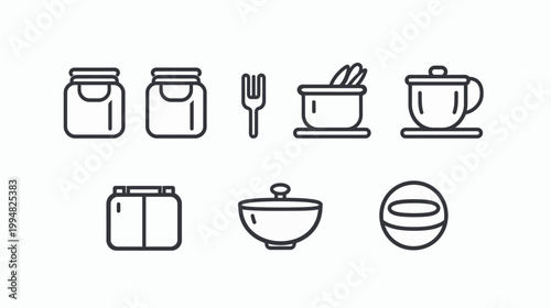 Line-art graphic of jars, a fork, bowl, cup, pot and lid objects on white