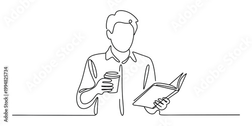 Continuous line drawing of a young man holding a cup of coffee while reading a book in his hands