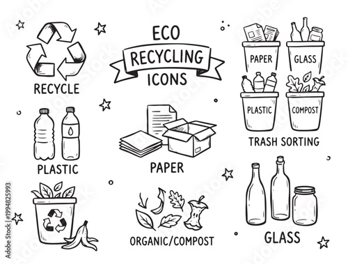 Recycling Doodle Icons Set – Hand Drawn Eco Waste and Sustainability Sketch Collection