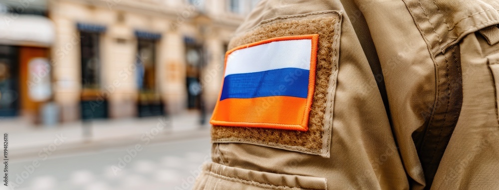 Fototapeta premium A soldier's Russian flag patch stands out against the blurred backdrop of a bustling military base during a serene daylight moment