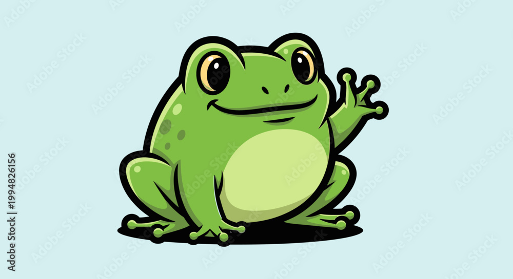 Fototapeta premium Cartoon frog waving hello on light blue background flat vector illustration