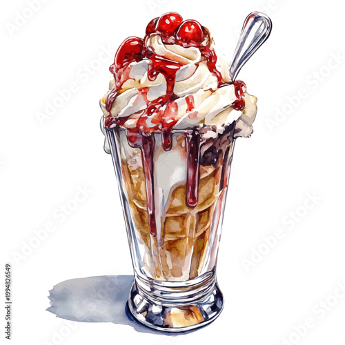 Cuadro en lienzo Ice Cream Sundae, vibrant watercolor vector, isolated on a white background, high quality and detailed design