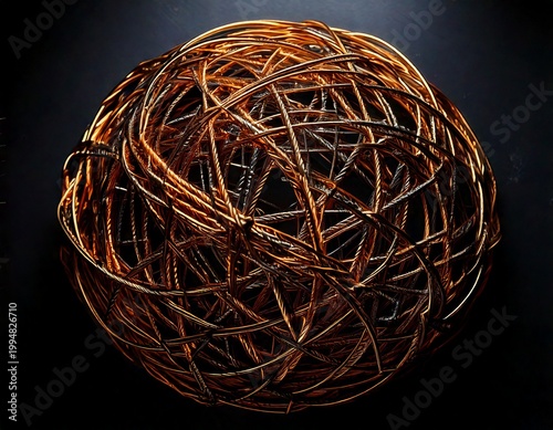 Abstract 3D weave of metallic wires with intricate knots in copper and obsidian tones
