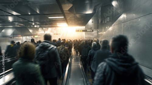 People on escalator moving to the light, conveying a sense of energy and urban life