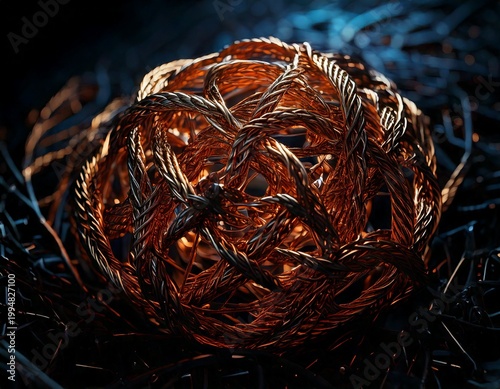 Abstract metallic weave of intertwined copper wires with intricate knots and dark background