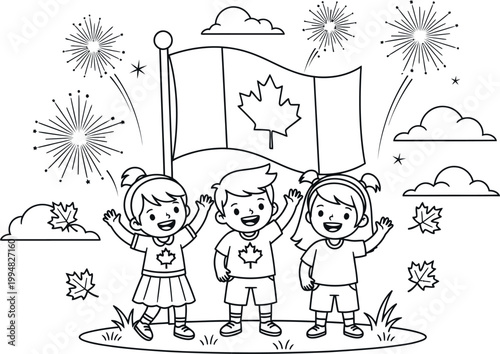 Celebratory children with fireworks a black and white illustration of joyful festivities