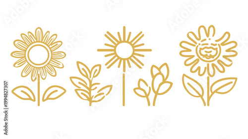 Line art illustration of sunflowers and leaves, rendered in a warm golden hue, on a white background