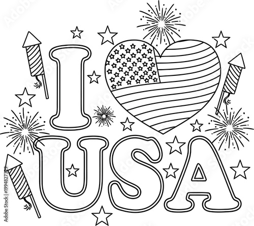 Patriotic doodle 'i love usa' with fireworks and american heart