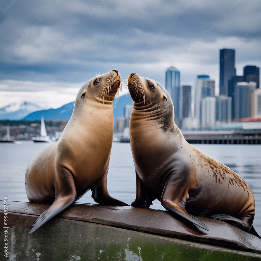 Fototapeta premium Two sea lions face off on a rocky shoreline near the Seattle waterfront, striking dramatic postures under a cloudy sky, captured in a realistic wildlife photography style.