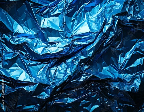 Crumpled Electric Blue Metallic Foil Texture with Sharp Highlights and Deep Shadows