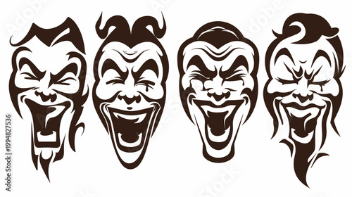 Vector illustration of four stylized, maniacal laughing faces, brown on white