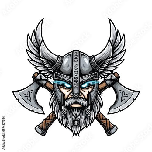 A fierce Viking warrior's head with a horned helmet and braided beard, crossed battle axes in front, rendered in a bold graphic style against a white background, evoking a strong, powerful