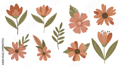 Boho Floral Ornament Vector Set, Hand Drawn Decorative Elements, Rustic Wedding Design Collection