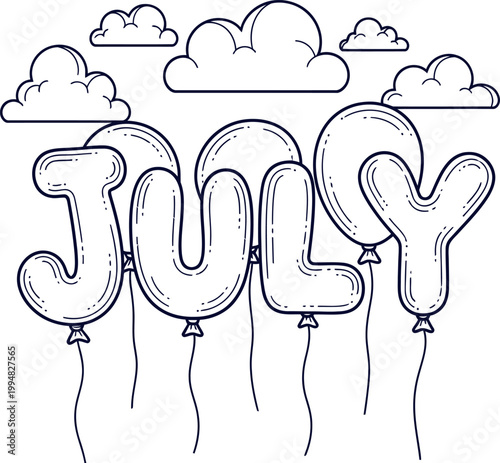 Whimsical july sketch balloon letters floating amongst soft hand drawn clouds