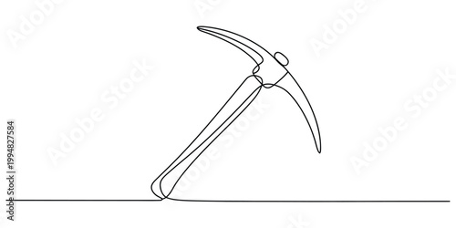 Minimalist continuous line drawing of a sturdy mining pickaxe tool used for excavation and work