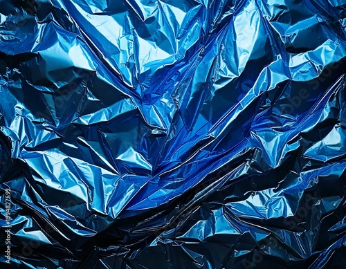 Crumpled Electric Blue Metallic Foil with Sharp Highlights and Deep Shadows, Abstract Futuristic Texture