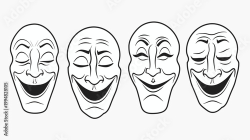 Four theatrical comedy masks express joy in a black and white illustration