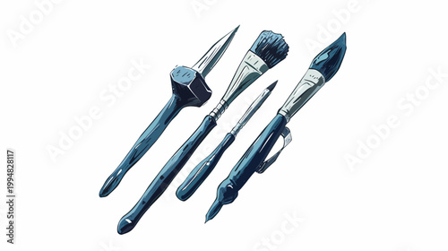 Four art implements, two brushes, a spear-tipped tool, and a pen, blue-gray-white tone