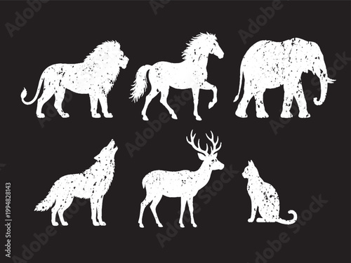 Grunge wild animal silhouettes set lion horse elephant wolf deer cat on black background
