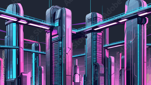 Futuristic urban landscape in neon colors with skyscrapers and bridges
