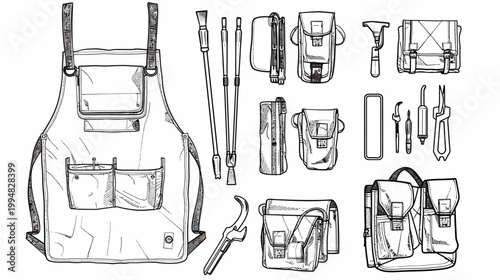A grayscale technical drawing showing a collection of tools, aprons, and accessories
