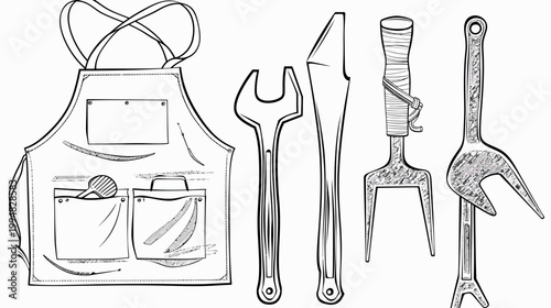 Black and white sketch of apron and various gardening and hand tools spread out