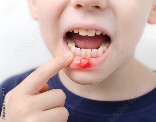 Childs Mouth Showing a Canker Sore with Finger Pointing at the Lesion.