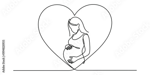 Continuous line drawing of a pregnant woman standing inside a heart shape symbolising motherhood