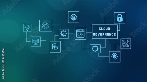  Enterprise cloud governance and compliance policy management concept with digital icons for secure cloud infrastructure and regulatory control.