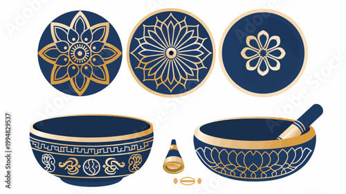 Singing bowl set in dark blue with gold details, including striker and circular accents