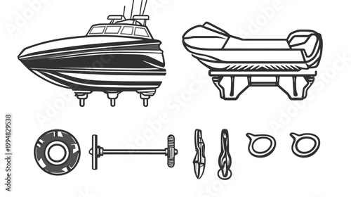 Black and white illustration of different watercraft and boat parts