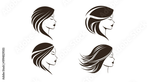 Four minimalist illustrations of women's profiles with varying hairstyles, set against a white backdrop