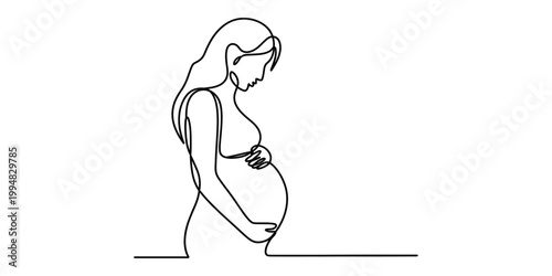 A single continuous line drawing of a pregnant woman touching her belly with a gentle expression