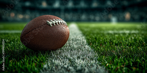 American Football Ball on Green Turf Field with Marked White Line in Stadium Sports Concept Athletic Equipment