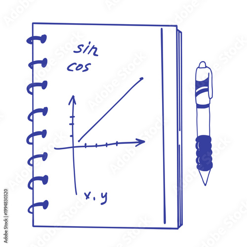 Minimal hand-drawn notebook with math graph and pen in clean outline style. Ideal for education, school, study, mathematics, and academic design themes
