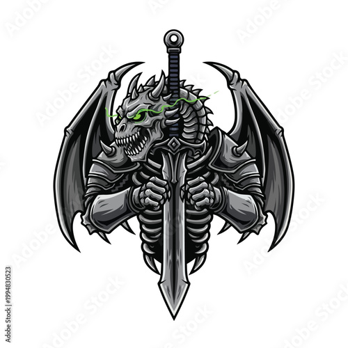 A fearsome armored dragon warrior with glowing green eyes grips a large sword, embodying a powerful symbol for fantasy esports or gaming