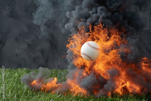 Baseball Bursting Through Flames and Smoke in a Dramatic Scene on the Field